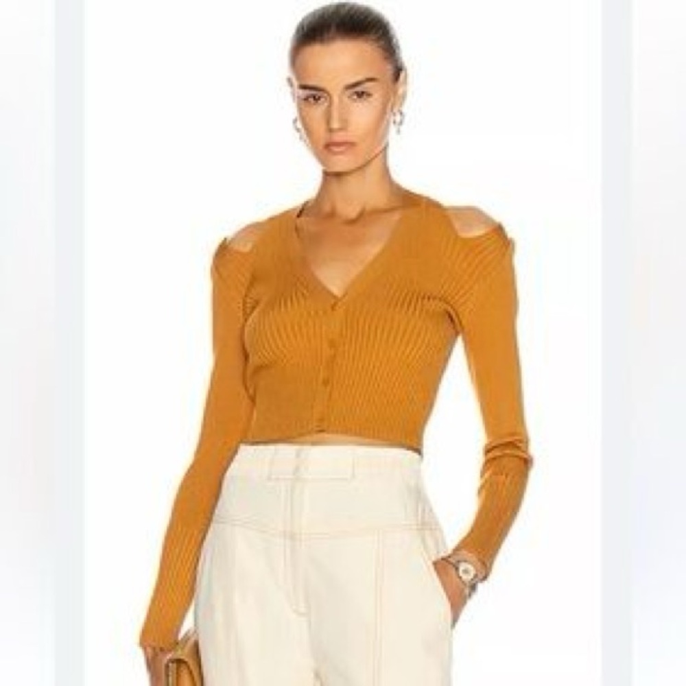 Jonathan Simkhai Mustard Ribbed Cold Shoulder Cropped Cardigan